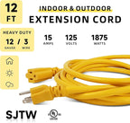 EP 12 Ft Outdoor Extension Cord, 12/3 SJTW Heavy Duty Extension Cable with 3 Prong Grounded Plug, 15 AMP Power Cord for Lawn, Garden, Appliances, Yellow