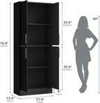 71" Tall Pantry Cabinet, 4 Doors Kitchen Pantry Storage Cabinet, Freestanding Larder Cupboard, Kitchen Hutch with Gold Handles for Dining Room, Bathroom, Black