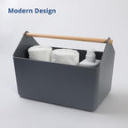 BLUE GINKGO Large Storage Basket – Plastic Caddy with Wooden Handle for Bathroom, Pantry, or Cleaning Supplies (Gray)