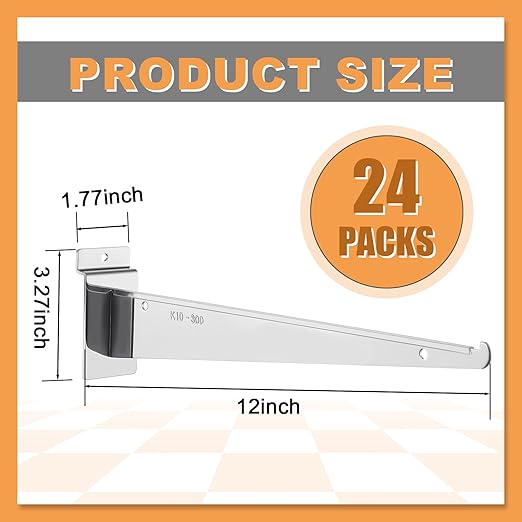 Therwen 24 Pcs 12" Chrome Slatwall Knife Shelf Bracket with Lip Metal Brackets Hooks Slatwall Hanger Heavy Duty Shelf Accessories Home Boutique Retailer Display (Plating Color)