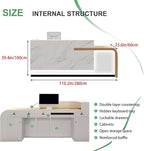 Modern Reception Desk with Counter Front Reception Table with Hidden LED Lighting Commercial Receptionist Desk White and Wood Checkout Counter Fully Assembled and Ready to Use 110inch/280cm