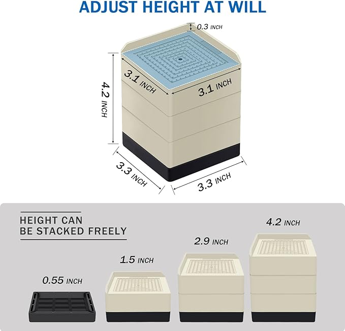 Bed Lifts Risers 4 Inch, Heavy Duty Furniture Elevator in Heights of 1.5, 3 or 4 Inch， Square Raising Blocks for Bed, Couch, Desk, Sofa, Tables,Support Up to 1,300 Lbs (4 Pack-Apricot)