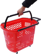 12PCS Plastic Shopping Basket with Handles & Wheels, 35L Rolling Shopping Carts, Grocery Basket with 4 Wheels and Handle, Portable Shopping Baskets for Retail Stores, Supermarkets (12PCS - Red)