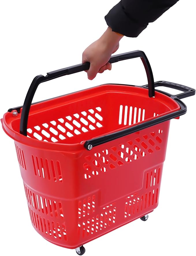 12PCS Plastic Shopping Basket with Handles & Wheels, 35L Rolling Shopping Carts, Grocery Basket with 4 Wheels and Handle, Portable Shopping Baskets for Retail Stores, Supermarkets (12PCS - Red)