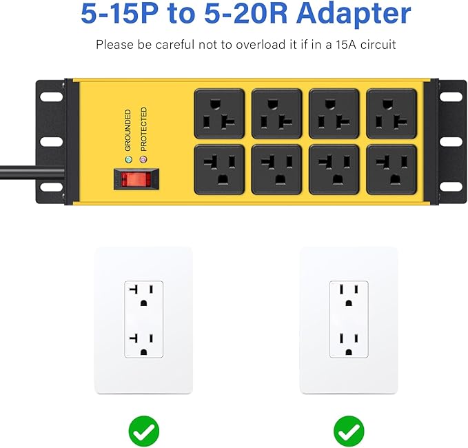 CCCEI Magnetic Heavy Duty Power Strip Surge Protector 20Amp, 12 Gauge High Amp Extension Outlets, Garage Wall Mount 8 Plug Metal Power Strip. 6FT, Yellow, 5-15P Adapter 6-20R T-Slot 20a for Appliance