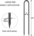 24 Inch Trampoline Stakes High Wind, 3/8 Inch Diameter Rebar Tent Anchors 8 Pack Heavy Duty U Stakes for Ground, Chain Link Fence, Swing Set, Soccer Goal (Black)
