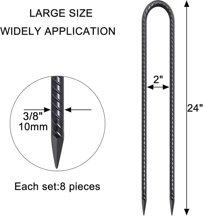 24 Inch Trampoline Stakes High Wind, 3/8 Inch Diameter Rebar Tent Anchors 8 Pack Heavy Duty U Stakes for Ground, Chain Link Fence, Swing Set, Soccer Goal (Black)