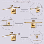 Hard-Wired Picture Light Dimmable LED Picture Lights for Paintings 15.7 Inch Brass Metal Body Wall Pictures with Adjustable Gold Swing Arm Art Display Lamps 7W 3000K Warm White Book Light