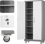 Metal Garage Storage Cabinet with Wheels, 71" H×32" W×16" D Metal Storage Cabinet with 5 Adjustable Shelves,Pegboard and Lockable Doors for Garage Home Office Utility Room,Required Assembly