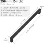 Cabinet Pulls Matte Black Cabinet Handles Square Drawer Pulls, 2 Pack 10 Inch Stainless Steel Kitchen Door Cupboard Cabinet Handles, Drawer Hardware Handles, 256mm Hole Centers