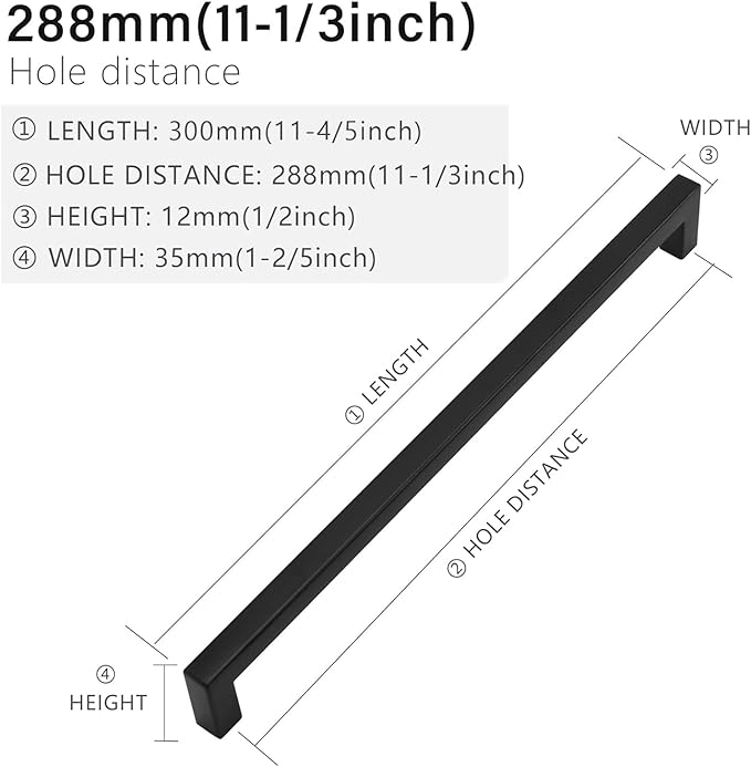 Cabinet Pulls Matte Black Cabinet Handles Square Drawer Pulls, 30 Pack 11-1/3 Inch Stainless Steel Kitchen Door Cupboard Cabinet Handles, Black Drawer Hardware Handles, 288mm Hole Centers