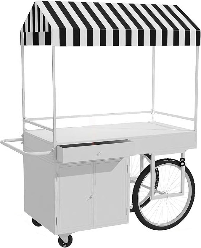 Food Cart for Business with Striped Canopy, Mobile Display Stand with Storage Drawers, for Street Food, Farmers Markets, Outdoor Events (White, 47.24 * 27.56 * 78.74in)