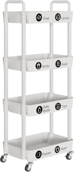 Laiensia 4-Tier Storage Carts,Multifunction Utility Rolling Cart Kitchen Storage Organizer,Mobile Shelving Unit Cart with Lockable Wheels for Bathroom,Laundry,Living Room,With Classified Sticker,White