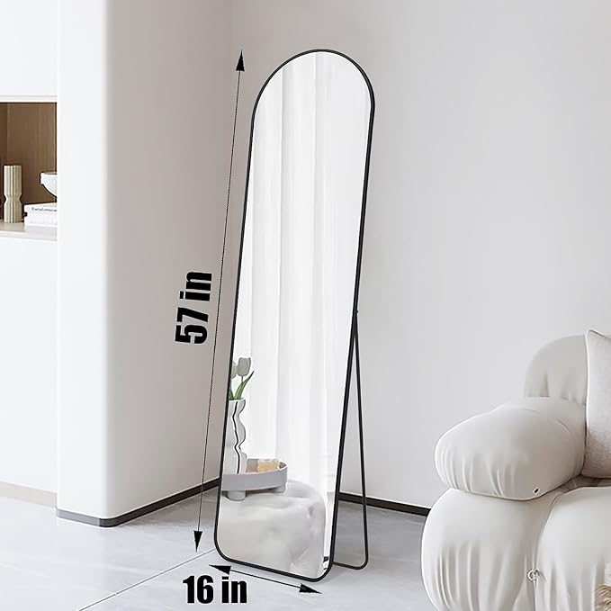 57x16 Door Hanging Full Length Mirror, Floor Stand (Height 5.7ft just Body in1.3ft) / Wall Mounted Metal Frame Arch Dressing Mirrors for Bedroom Living Room 57 inch Black