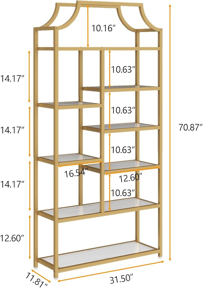 Loomie 8-Open Shelf Bookshelf, 70.87" H x 31.5" L Lux Etagere, Tempered Glass Bookcase, Tall Storage Display Modern Open Book Case for Bedroom, Home Office & Living Room, Gold Finish & Glass Shelving