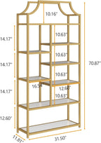 Loomie 8-Open Shelf Bookshelf, 70.87" H x 31.5" L Lux Etagere, Tempered Glass Bookcase, Tall Storage Display Modern Open Book Case for Bedroom, Home Office & Living Room, Gold Finish & Glass Shelving