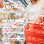 Stackable Plastic Shopping Baskets, Red and Blue, Easy-Grip Handles for Grocery, Retail, Liquor Stores, Home Use (24-Pack, Red)
