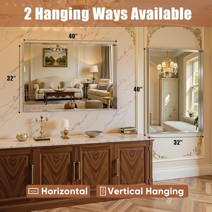 40"x32" Silver Framed Bathroom Mirror, Large Rectangular Vanity Mirror, Aluminum Metal Frame, Wall Farmhouse Modern Wall-Mounted Mirrors for Bathroom, Bedroom, Living Room, Over Sink
