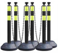 6 Pack 40 Inch Traffic Delineator Posts with Fillable Base and 6.6FT Plastic Chain, Safety Delineator Post Cones with 2 Green Reflective Stripes for Construction Work (Black)