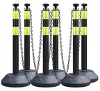6 Pack 40 Inch Traffic Delineator Posts with Fillable Base and 6.6FT Plastic Chain, Safety Delineator Post Cones with 2 Green Reflective Stripes for Construction Work (Black)