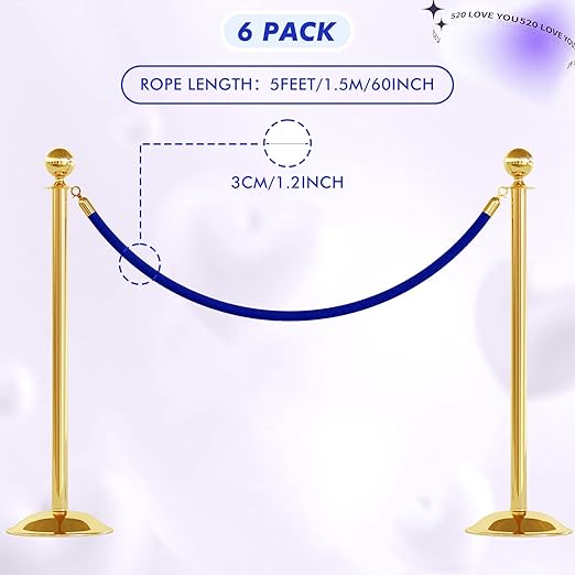 Woanger 6 Pack Velvet Stanchion Rope, 5 Feet Crowd Control Stanchion Ropes Safety Barrier with Gold Plated Hook for Carpet Events Movie Theaters Grand Openings Hotels Party(Blue)