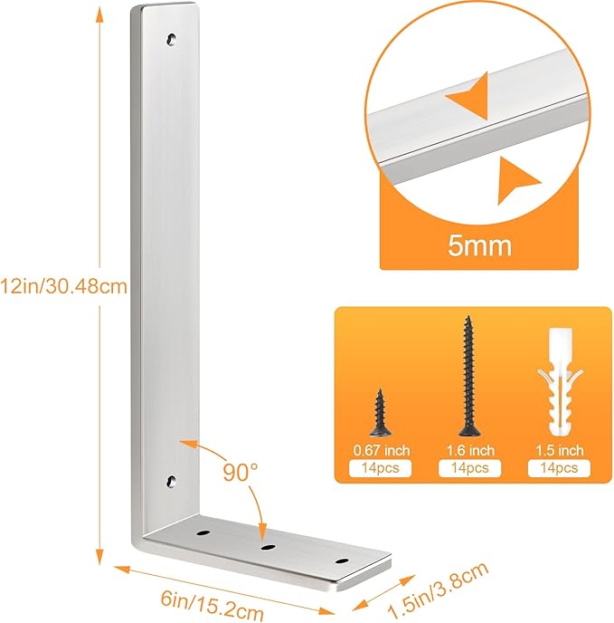 Floating Shelf Bracket Stainless Steel 12 Inch, 4 Pack Heavy Duty Shelf Brackets, Wall Shelf Bracket for DIY Decorative with Mounting Hardware