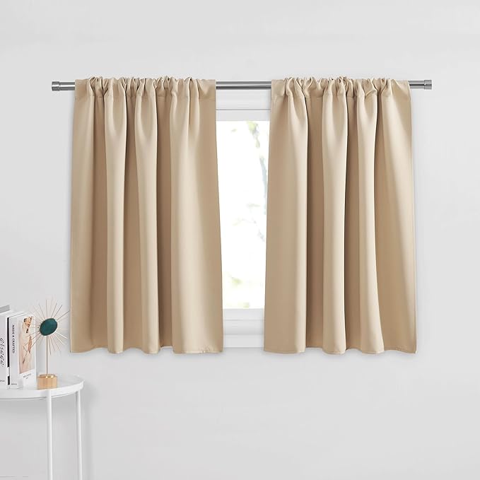 PONY DANCE Short Length Curtains for Kitchen, Solid Half Window Curtain Tiers for Bathroom Energy Saving Privacy Shade for RV Camper, Wide 29 x Long 30 inches per Panel, Biscotti Beige, Set of 2