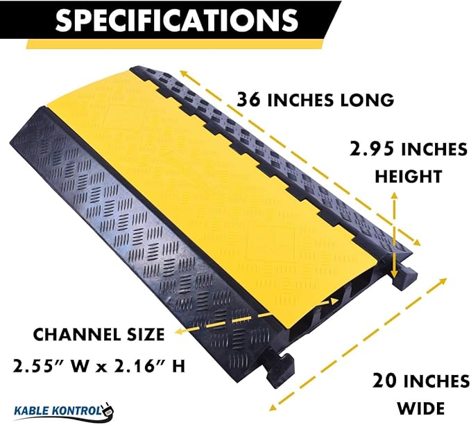 Kable Kontrol Atlas Heavy Duty Cable Protector Ramp - 3 Channel Bulk Wholesale Pallet - 20 Pcs - 36” Long Black & Yellow – 44000 Lbs Capacity - Rubber Speed Bump Wire Protector Cord Cover – CP9986