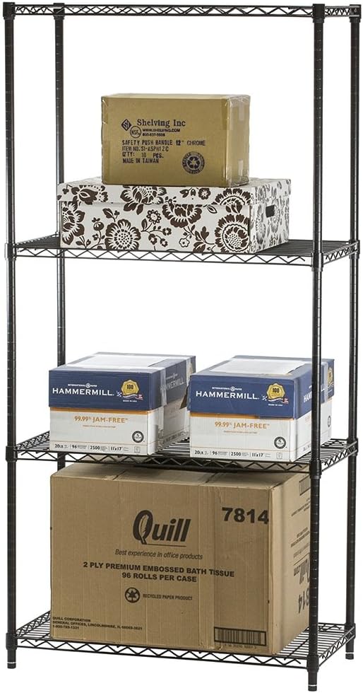 Shelving Inc. 8" d x 18" w x 64" h Black Wire Shelving with 4 Tier Shelves, Weight Capacity 300lbs Per Shelf