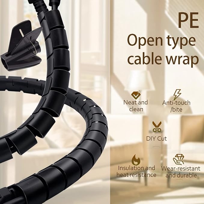 Black Computer Cable Management Sleeve Tube Under Desk Cord Organizer, 7/8 inch -5 ft Cover Wrap Easy to Install Messy Wire Solution for TV Office PC, Pet Chew and Bite Proof Cable Protector