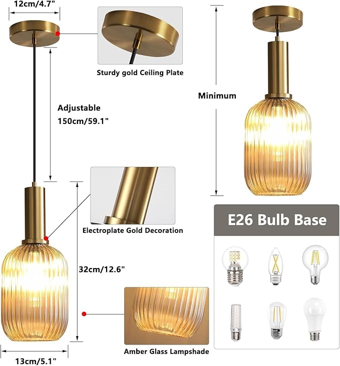 KCO Lighting 1-Light Amber Glass Ceiling Light Fixture Vintage Striped Glass Pendant Light Farmhouse Cylinder Pendant Light Gold Mini Kitchen Island Pendant Lighting Single Hanging Light