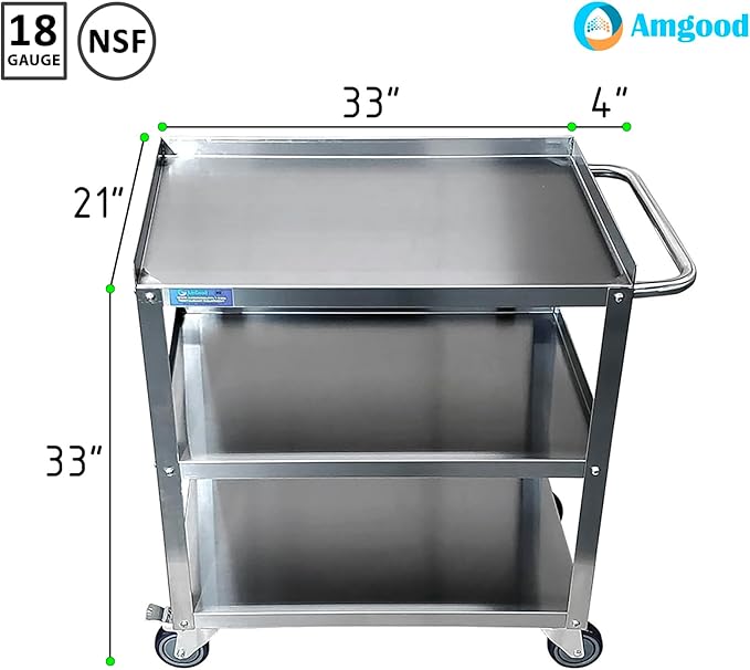 21 in. Wide X 33 in. Long X 33 in High | 3 Shelf Metal Utility Cart on Wheels with Handle