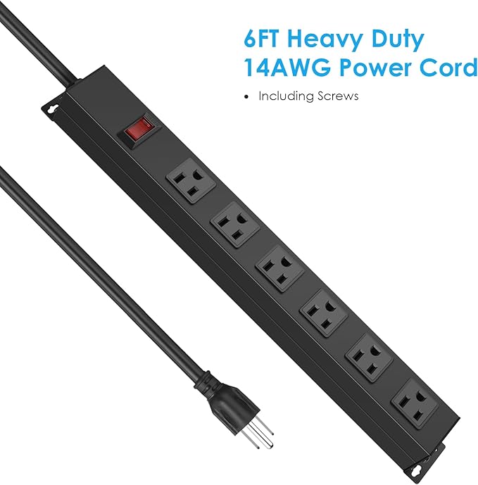 2Pack Metal Wall Mount Power Strip, Mountable Power Outlet with 6 AC Outlets, Aluminum Alloy Mount Power Socket with Switch, 10 FT SJT 3/C 14AWG Power Cord, 15A 125V 1875W (6AC)
