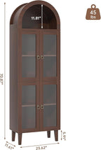 71” Tall Arched Pantry Cabinet with Glass Door, Display Cabinet Organizer, Versatile Pantry with Top-Opening Storage Container for Living, Kitchen Dining Room, Brown