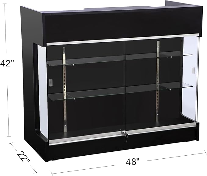 4ft Retail Checkout Counter with Front Glass Display Showcase – Black Ledge Top Store Counter with Tempered Glass, Locking Drawers & Storage Shelves – Boutique Display Cabinet