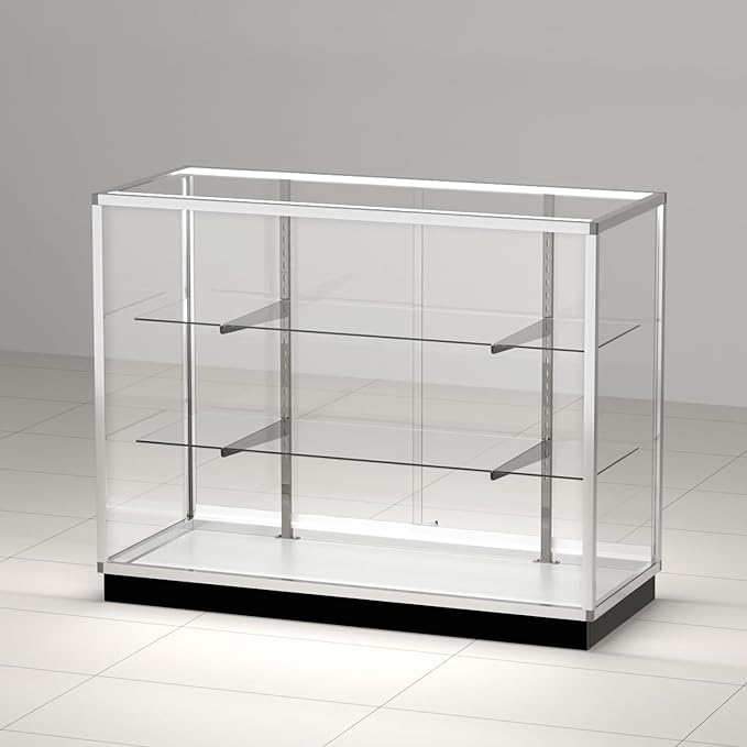 48”D * 20”W * 38”H - Freestanding Retail LED Full Vision Glass Display Case, Black Aluminum Frame, Two Adjustable Height Tempered Glass Shelves