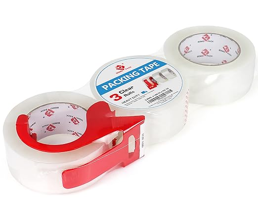 BOMEI PACK Heavy Duty PackingTape with Dispenser - 3 Rolls, Total 330Y, 2.6 mil, 1.88 inch x 110 Yards, Clear Packaging Tape Refills for Shipping, Mailing, Moving & Storage