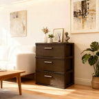 3 drawer wide woven storage cabinet, coffee colored