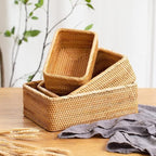 Natural Rattan Storage Baskets, Rectangular Woven Fruit Baskets, Decorative Wicker Basket and Small Baskets for Organizing (Set of 3)
