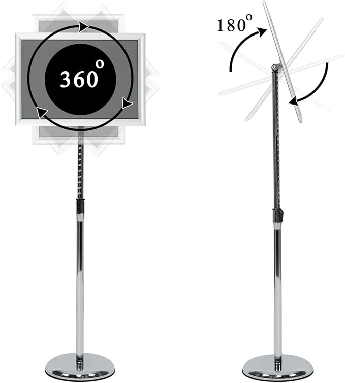 Pedestal Poster Stand, Adjustable Aluminum 11 x 17 Floor Standing Holder for Vertical and Horizontal View Sign Display, Silver