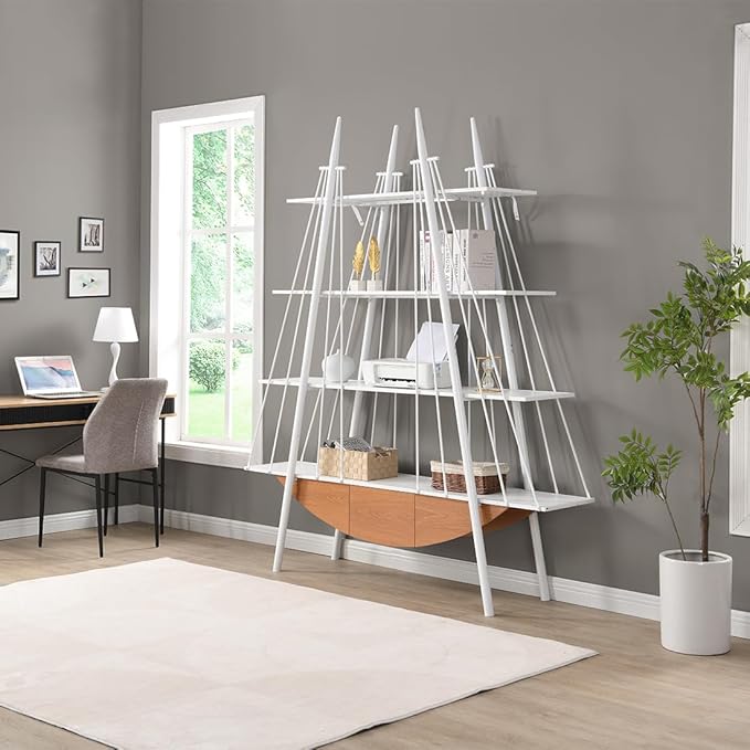 Boat-Shaped Bookshelf, 4 Tier Ladder Bookcase with Drawer 84.3" Tall Bookshelves for Storage Display Decor Easy Assembly Bookcase Furniture for Bedroom, Living Room and Home Office