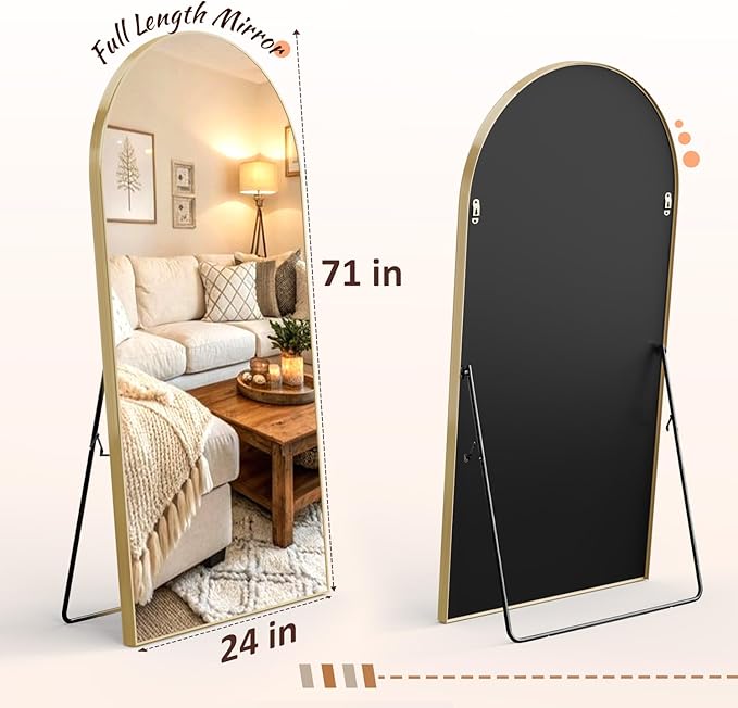 EOGOW 71" x 24" Arched Full Body Mirror,Standing or Leaning Tempered Glass Shatterproof Full Length Mirror with Stand for Bedroom Living Room Entryway,Gold