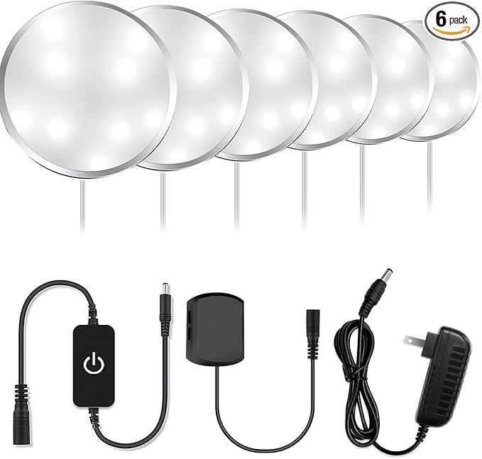 YGS-Tech LED Under Cabinet Lighting Kit, 1020 Lumens LED Puck Light, 5000K Daylight White, CRI90+, Touch Dimming, Silver Trim All Accessories Included, for Kitchen, Closet Lights, Safe Light, 6-Pack