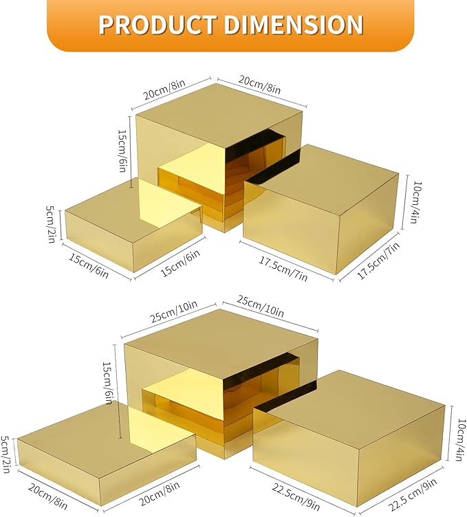 Gold Risers Display Stands, 6pcs Acrylic Display Stand, Purse Stand, Food Display Buffet Riser, Retail Mirror Squre Display Boxes for Perfume Collection Jewelry Party Centerpieces