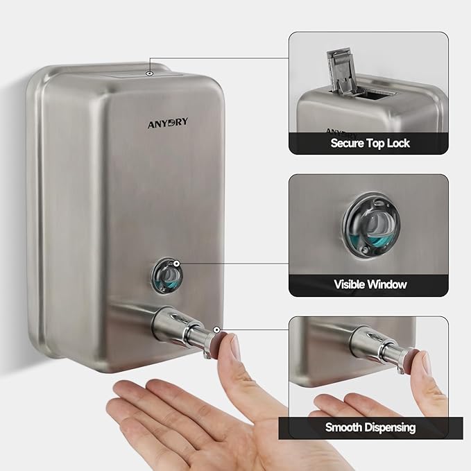Commercial Soap Dispenser Wall Mount, Brushed Stianless Steel Finish Manual Liquid Soap Dispenser - 37oz (1100ml) Model AD1003