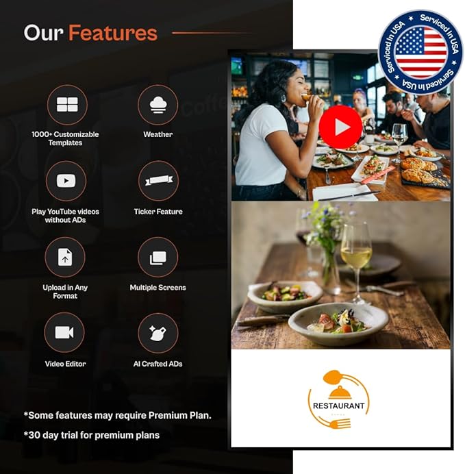 Digital Signage Player for Restaurants – No Subscription Needed, Includes Free Upload & Menu Scheduler, Unlock Affordable Premium Tools: Template Builder & AI Enhancer