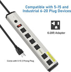 CCCEI Heavy Duty Power Strip Surge Protector 20 Amp, High Amp Industrial Shop Garage Metal Multiple Outlets, 10 FT 12 Gauge 5-15P Extension Cord 6 Outlet 6-20R T-Slot 20a for Appliance.