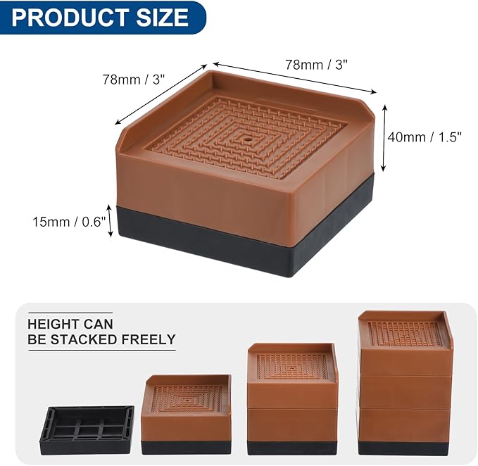 uxcell Furniture Risers 4.3 Inch, 4Pcs Square Bed Risers Adjustable Couch Lifter Block for Extender for Bed Desk Sofa Table Lift Support Up to 1300Lbs, Brown
