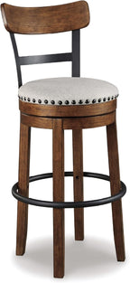 Signature Design by Ashley Valebeck | 30″ Farmhouse Pub-Height Swivel Barstool With Back – Upholstered Cushion, Nailhead Trim, Metal & Wood Frame, Brown