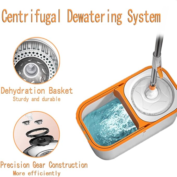Spin Mop Bucket with Wringer System Extended Mop Handle 61＂Mop and Bucket for Floors Cleaning with 5 Replacement Head Refill 1 Cleaning Brush Head